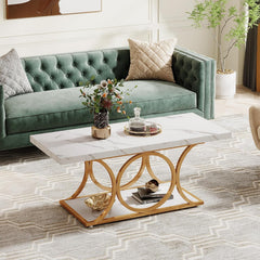 Rectangle Coffee Table, 47.24-inch Modern Coffee Tables for Living Room, 2-Tier Faux Marble Wood Coffee Table with Geometric Legs, Furniture with Storage Shelf (White & Gold)