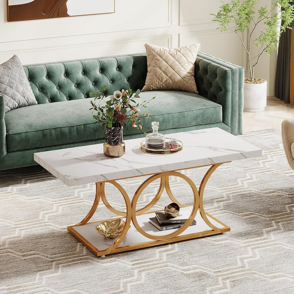 Rectangle Coffee Table, 47.24-inch Modern Coffee Tables for Living Room, 2-Tier Faux Marble Wood Coffee Table with Geometric Legs, Furniture with Storage Shelf (White & Gold)