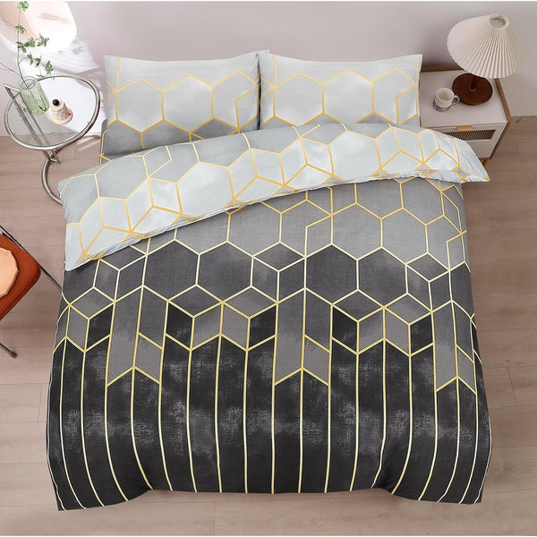 Luxury Geometric Duvet Cover Set with Fitted Sheet & Pillowcases - Ultra Soft Microfiber Bedding, King Size, Grey & Gold / Plum Greek Key Design
