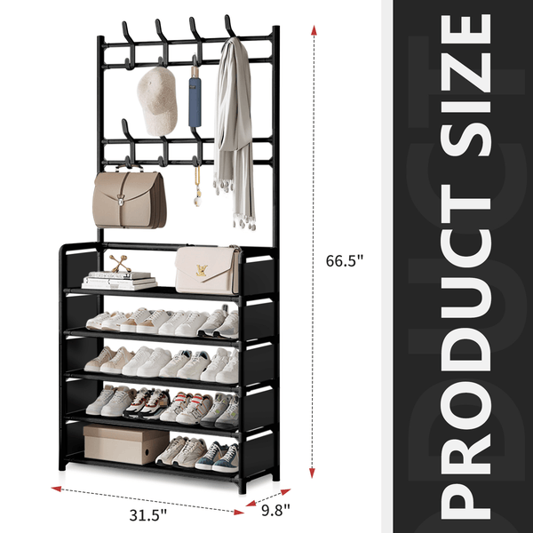 1pc Black Coat Rack Shoe Storage 5 Tiers Metal Stand 8 Hooks Shelves 80Cm Widened for Living Room Bathroom Hallway Office Xmas Gift