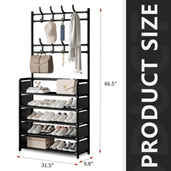 1pc Black Coat Rack Shoe Storage 5 Tiers Metal Stand 8 Hooks Shelves 80Cm Widened for Living Room Bathroom Hallway Office Xmas Gift