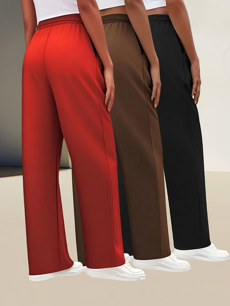 3pcs Women's Solid Color Oversized Jogger Pants with Elastic Drawstring Waist - Loose-Fit Polyester Track Pants Suitable for,, & Casual Attire - Machine Washable Casual Wear (Year-Round)