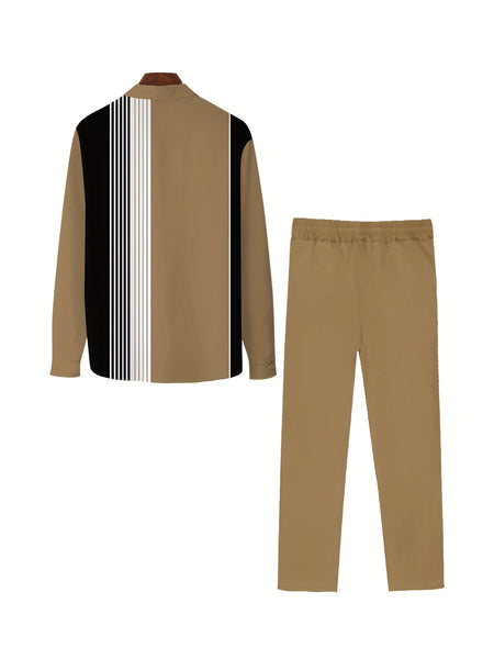 European And American Fashion Men'S Spring And Autumn New Striped Art Pattern Print Design Stand-Up Collar Long Sleeve Shirt Set, Casual Street Outdoor Suit