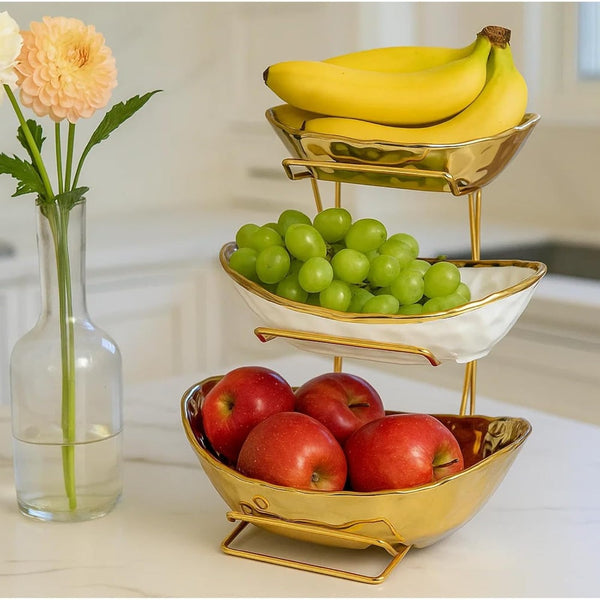 Premium 3-Tier Kitchen Fruit Basket – Gold Metal Rack with Three Big Bowls for Snacks, and Baked Goods – Space-Saving Design