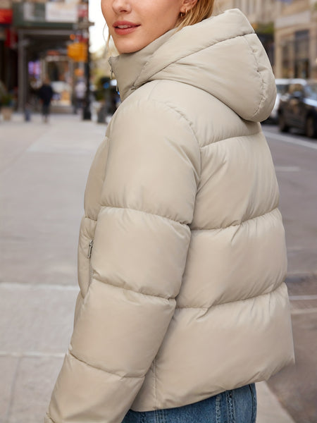 Fitted Detachable Hooded Puffer Jacket, Women Winter Basic Warm Coat with Removable Hood Zip Deep Pockets