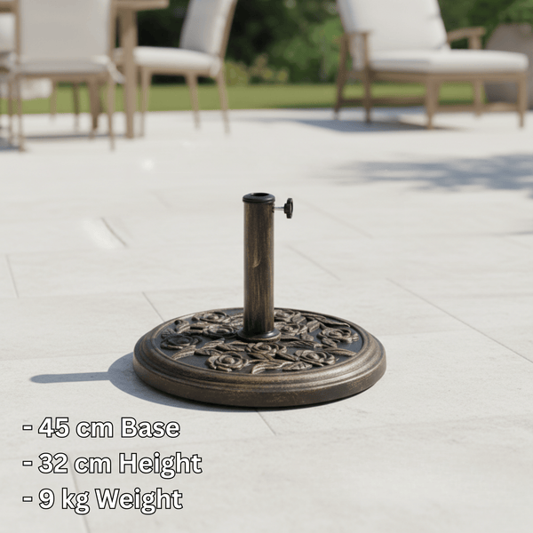 9KG Cast Iron Effect Garden Parasol Base with Floral Rose Design – Heavy Duty, Weather-Resistant & Easy to Assemble for Outdoor Umbrella and Canopy