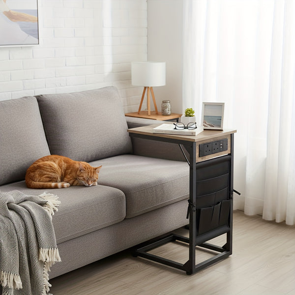 AMHANCIBLE 1pc/2pcs C-Shape Side Table Featuring a Charging Station, Bedside Table with a Storage Pouch, And a Coffee Table with a Metal Frame Suitable for Living Rooms, Bedrooms, And Offices