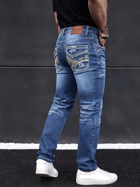 Men'S Elastic Washed Denim Jeans with Thick Line Embroidery on The Front And Back Pockets
