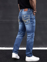 Men'S Elastic Washed Denim Jeans with Thick Line Embroidery on The Front And Back Pockets