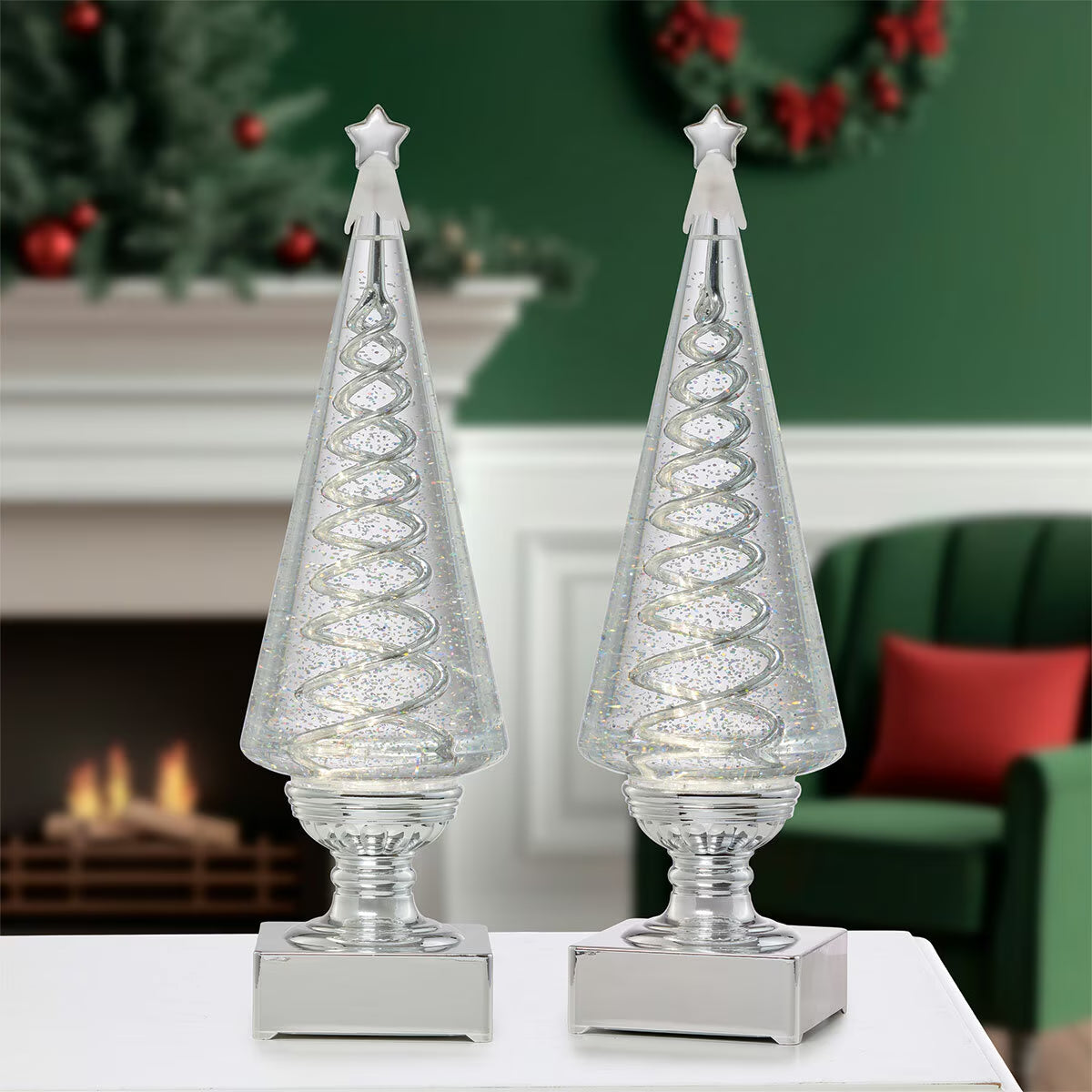 14 Inch Lighted Spinning Spiral Glitter Trees in Silver - Set of 2