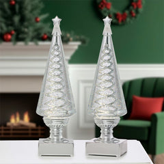 14 Inch Lighted Spinning Spiral Glitter Trees in Silver - Set of 2