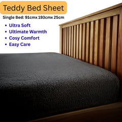 Luxury Teddy Brushed Fleece Fitted Sheet Charcoal | Easy Care Bed Linen with Elastic Corners 25cm Deep Pocket | Plain Dyed Super Soft and Snuggly Winter Bedding | Fluffy, Comfortable and Warm Thermal Bed Sheet | Cosy and Luxury Fit for Cold Nights | Machi