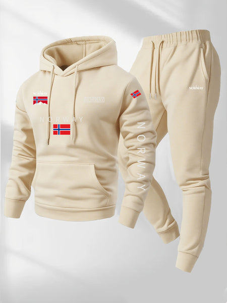 2pcs Cartoon NORWAY Letter Drawstring Hoodie and Sports Trousers Set | Casual Hooded, Slight Stretch Fabric, Patterned, Loose Fit for Men, Ideal for Fall/Winter