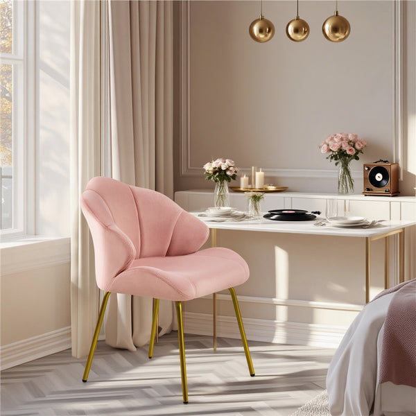 Costoffs Velvet Accent Chair Modern Side Chair Vanity Chair Leisure Chair with Shell-shaped Backrest and Golden Metal Legs, Versatile Use Lounge Chair for Living Room/Bedroom/Home Office/Kitchen, White/Pink