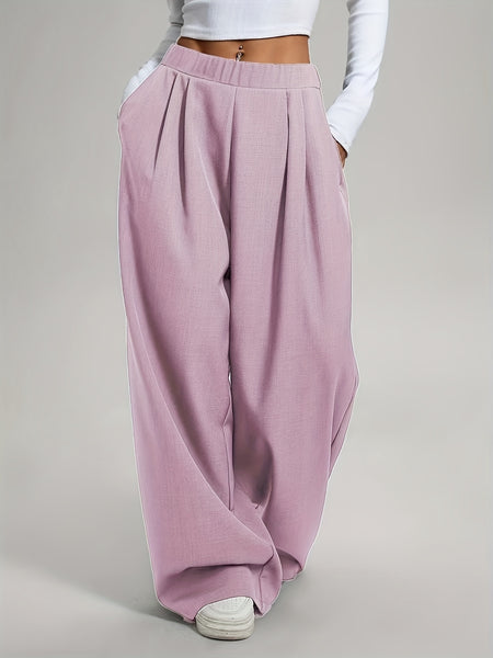 2pcs Women'S Wide-Leg Pants - High-Waisted, Elastic Waistband, Solid Color (Pink & Navy Blue), Loose Fit, Comfortable for Spring/Summer/Fall, Casual & Elegant Style, Allseason Pants | Highwaisted Pants | Elastic Waistband Pants