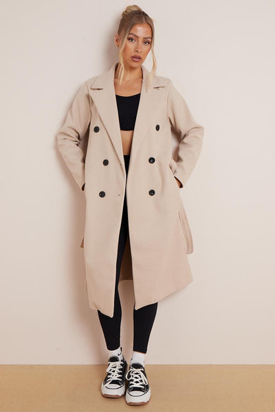 Women's Classy Solid Color Double Breasted Detachable Belted Pocket Pea Coat, Lapel Neck Long Sleeve Outerwear for Fall & Winter