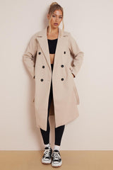 Women's Classy Solid Color Double Breasted Detachable Belted Pocket Pea Coat, Lapel Neck Long Sleeve Outerwear for Fall & Winter