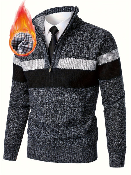 Men'S Thickened Knitted Pullover Sweater with a Color Block Design And Stand Collar, Made from Plus Velvet
