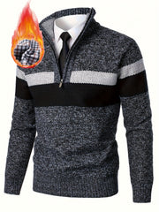 Men'S Thickened Knitted Pullover Sweater with a Color Block Design And Stand Collar, Made from Plus Velvet