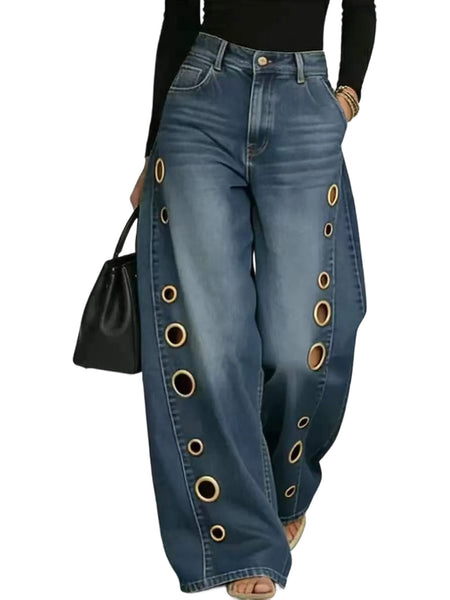 Women's Retro High Elasticity Denim Pants with Metal Circles Design- Long Versatile Jeans for Women, High-waist Trousers, Trendy Womens Clothes for Summer, All Seasons Style, Fabric, Hand Washable, Slim Fit, Suit for Daily Wear