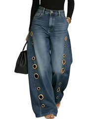 Women's Retro High Elasticity Denim Pants with Metal Circles Design- Long Versatile Jeans for Women, High-waist Trousers, Trendy Womens Clothes for Summer, All Seasons Style, Fabric, Hand Washable, Slim Fit, Suit for Daily Wear