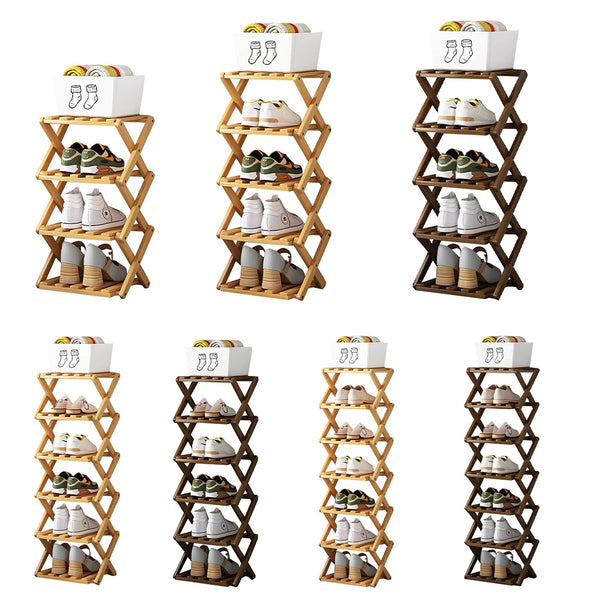 4/5/6/7 Tiers Bamboo Wooden Shoe Rack, Vertical Shoe Racks Storage Shelves Tall Shoe Tower, Collapsible Narrow Shoe Stand, Installation Free Folding X-Shape Shoe Racks Sneakers Slippers Holder Organizer, Multi Functional Shoe Rack Durable Footwear Cabinet