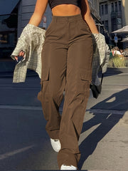 Flap Pocket Solid Color Cargo Pants, Y2K Slant Pocket Button Front Every Day Pants, Women's Clothing
