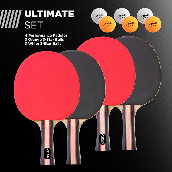 STIGA Performance 4 Player Ping Pong Paddle Set of 4 – Table Tennis Rackets, 6 – 3 Star Orange and White Balls