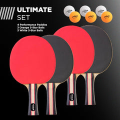 STIGA Performance 4 Player Ping Pong Paddle Set of 4 – Table Tennis Rackets, 6 – 3 Star Orange and White Balls