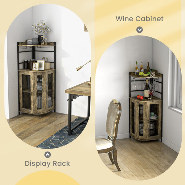GOFLAME Corner Bar Cabinet Industrial Wine Buffet Cabinet with Glass Holder Mesh Doors