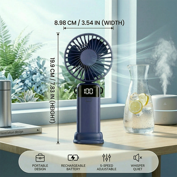 1 Foldable 3-in-1 Handheld Fan with LED Digital Display and 5 Adjustable Wind Speeds, Portable USB Rechargeable Fan with 90° Angle Adjustment and Whisper-Quiet Operation for Outdoor Travel Office and Daily Use