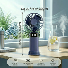 1 Foldable 3-in-1 Handheld Fan with LED Digital Display and 5 Adjustable Wind Speeds, Portable USB Rechargeable Fan with 90° Angle Adjustment and Whisper-Quiet Operation for Outdoor Travel Office and Daily Use