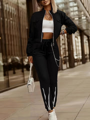 Cross-Border Women'S Two-Piece Set Zipper Long-Sleeved Top Pants Stitching Zipper Design Casual Suit
