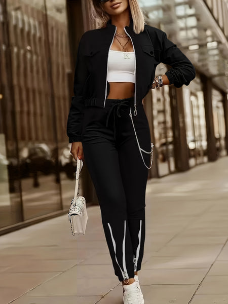 Cross-Border Women'S Two-Piece Set Zipper Long-Sleeved Top Pants Stitching Zipper Design Casual Suit