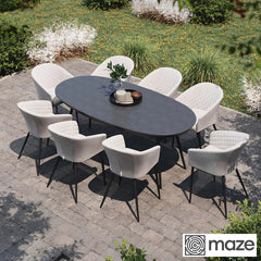 Maze Ambition 9 Piece Oval Dining Patio Set + Cover (In Oatmeal)
