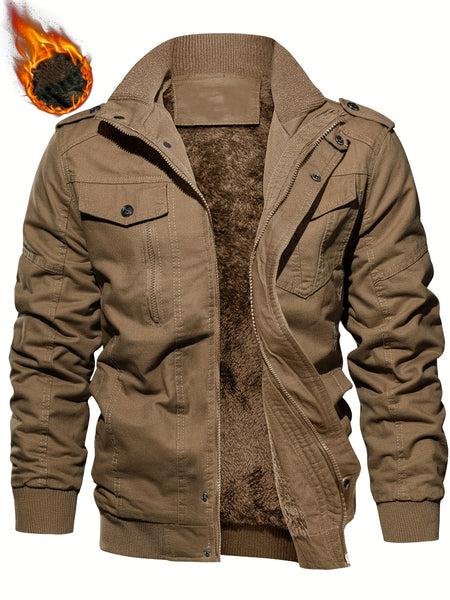 Men's autumn and winter outerwear jacket with warm and thick velvet, windproof and warm, casual multi pocket jacket for winter