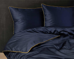 Luxury Dark Blue Duvet Cover Set with Gold Trim – 100% Cotton Sateen – Opulent Hotel Style Bedding for Single, Double, and King Beds