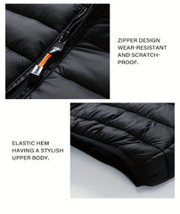 Men's Stand Collar Hooded Jacket - Warm, Windproof Thickened Coat, Detachable Hood, Solid Color Design, Thickened Nylon Fabric for Cold Weather, Casual Style, Zip Closure, Dry Clean Only, Winter Stand Collar Hooded Thickened Coat