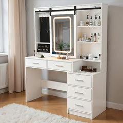 Dressing Table with LED Lights And Adjustable Brightness, Vanity Desk with Mirror, 4 Drawers, 6 Hidden Shelves, And Stool, Makeup Desk for Bedroom, Modern Makeup Table with Mirror And Chair (White)