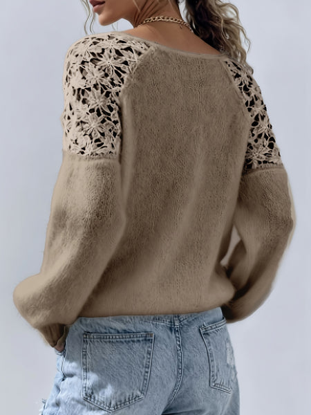 Women's Hollow-Out Lace Off-Shoulder Lace Sleeve Patchwork Pullover Sweater, Fluffy and Elegant
