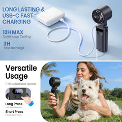 4-In-1 Portable Handheld Fan, Rechargeable Silent Cooling Fan, 199 Speeds with HD Display & Clip, USB-C Fast Charging for Summer, Office, Travel & Commuting, Black, White, Gray Purple