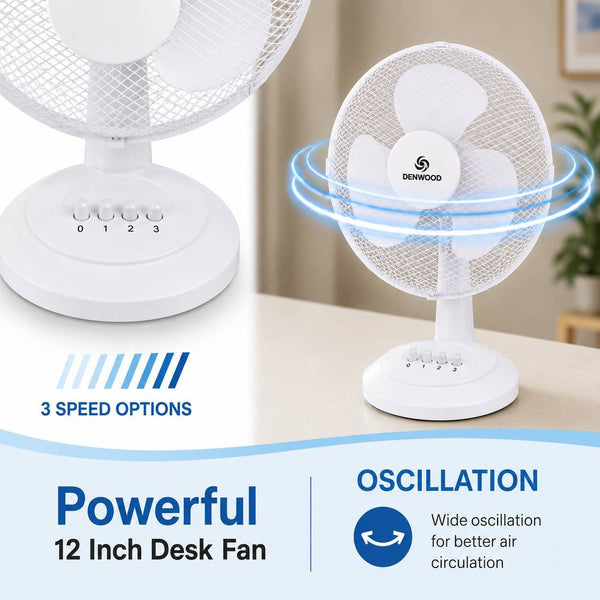 12 Inch Oscillating Table Fan 3 Speed Settings Adjustable Tilt Portable White 35W