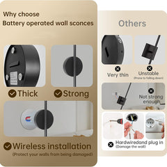 2pcs 50cm Rechargeable Wall Sconce Lights, Battery Operated Wall Lights 3 Color Temperature, Wall Lamp Dimmable Wireless with Remote Control Black for Living Room Bedroom