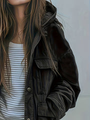 Women's Heavy-Duty -Style Hooded Jacket - All-Season Thick Winter Coat with Multi-Pocket Design, Olive Green Workwear Outerwear, Hood for Casual & (Machine Washable)