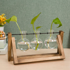 Multi-Tube Plant Propagation Station with Wooden Stand & Metal Swivel Holder, Desktop Retro Plant Terrarium Bulb Vase for Indoor Hydroponic Flowers, Tabletop Glass Planter Housewarming Gifts for Plant Lovers, 28x13.8cm (3 Tubes)