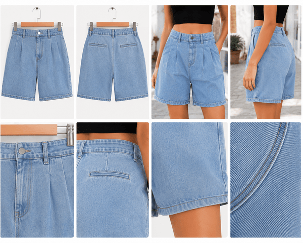 Women'S High Waisted Denim Bermuda Shorts, Light Blue Washed Knee Length Jean Shorts, Relaxed Loose Fit Summer Denim Shorts, Casual Cuffed Hem Ladies Shorts