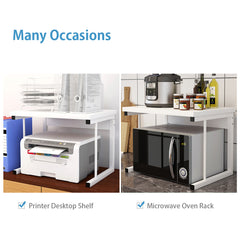2-Tier Microwave Oven Shelf Stand, Kitchen Countertop Storage Rack Spices Rack Freestanding, Home Office Printer Stand Multifunctional Unit Shelving Wood Top Metal Frame