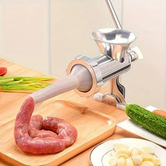 6-in-1 Manual Meat Grinder Aluminum Alloy Sausage Filling Machine Wooden Handle Meat Grinder for Meat and Vegetable Grinding and Sausage Filling