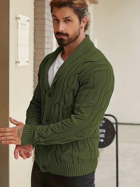 Men'S Solid Cable Knit Cardigan Fall Winter Button-Up Knit Coat