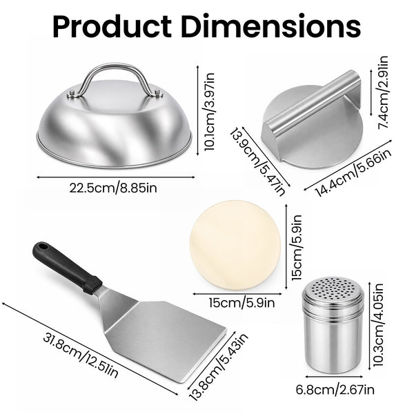 Smash Burger Press Kit for Griddle – 5-Piece Flat Top Grill Accessories Set with Burger Press, 12-Inch Melting Dome, Large Griddle Spatula
